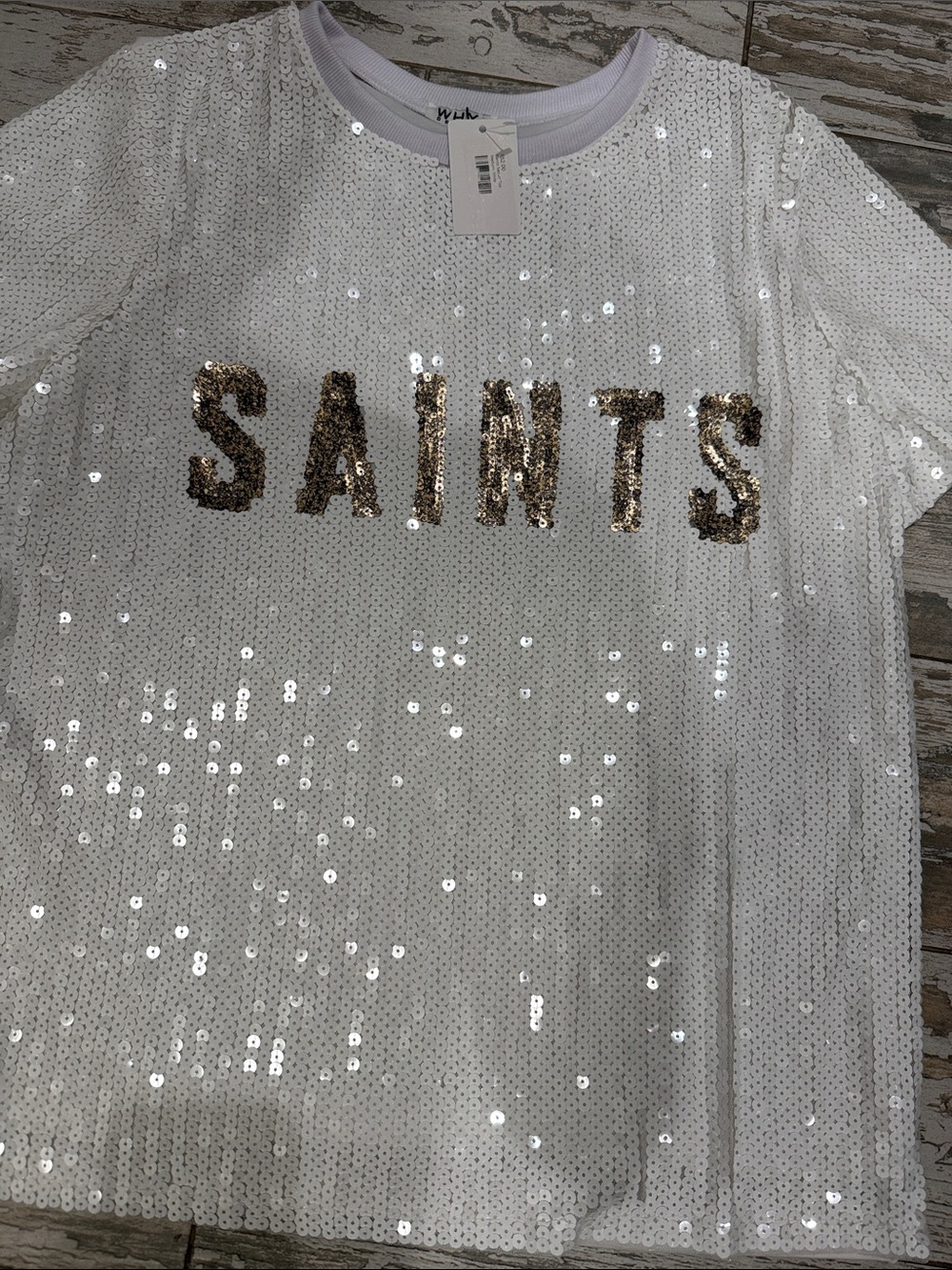SAINTS Sequin Short Sleeve Top - White with Gold Sequin Logo